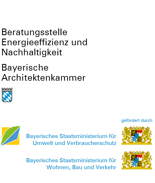 Logos der BEN, der Bayerischen Architekterkammer und der beiden bayerischen Staatsministerien und Wohnen, Bau und Verkehr sowie für Umwelt und Verbraucherschutz, die die BEN fördern.