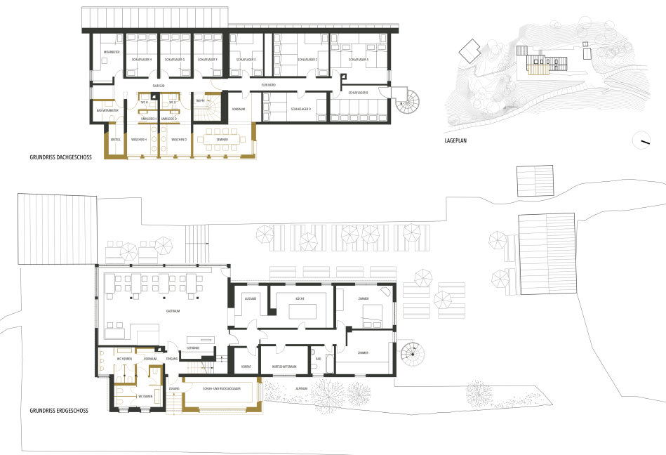 Grundriss + Lageplan - Weiterbau in gelb; Foto: R ' TUR Architekten Partnerschaft