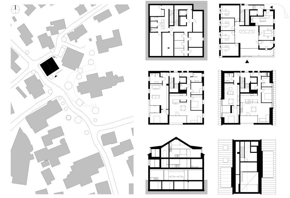 Lageplan, Grundrisse, Schnitt; Foto: architektur + raum